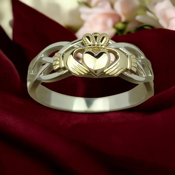 Dual Tone Celtic Claddagh Ring Gold Crown Heart Irish Wedding Band Size 6.5 New - Picture 3 of 5